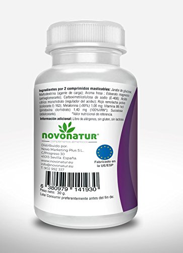 Melatonina 0,5mg con vitamina B6, 60 comprimidos de melatonina masticable sublingual con sabor a fresa, regula el ciclo del sueño, ideal para el jet lag. NOVONATUR. Melatonina 0,5mg con vitamina B6, 60 comprimidos de melatonina masticable sublingual con sabor a fresa, regula el ciclo del sueño, ideal para el jet lag. NOVONATUR.