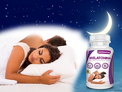 Melatonina 0,5mg con vitamina B6, 60 comprimidos de melatonina masticable sublingual con sabor a fresa, regula el ciclo del sueño, ideal para el jet lag. NOVONATUR. Melatonina 0,5mg con vitamina B6, 60 comprimidos de melatonina masticable sublingual con sabor a fresa, regula el ciclo del sueño, ideal para el jet lag. NOVONATUR.