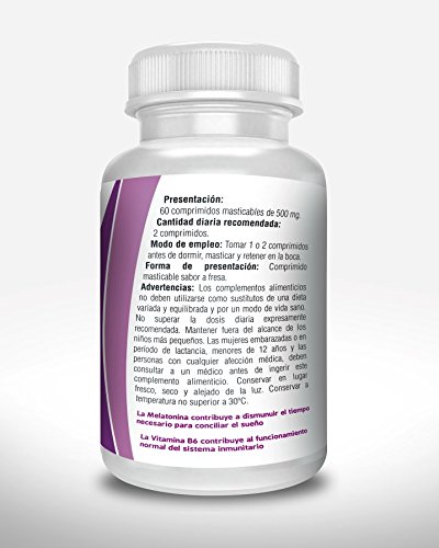 Melatonina 0,5mg con vitamina B6, 60 comprimidos de melatonina masticable sublingual con sabor a fresa, regula el ciclo del sueño, ideal para el jet lag. NOVONATUR.