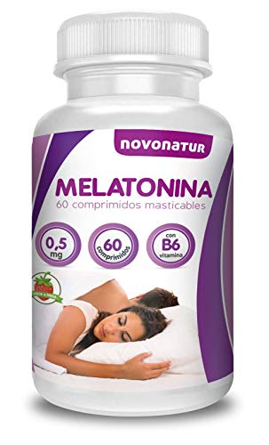 Melatonina 0,5mg con vitamina B6, 60 comprimidos de melatonina masticable sublingual con sabor a fresa, regula el ciclo del sueño, ideal para el jet lag. NOVONATUR.