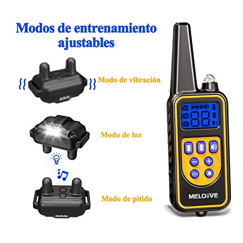 Meloive Collar adiestramiento para Perros,Collar antiladridos,Recargable y Resistencia al Agua de IP67 con un Alcance de 800m con 99 Niveles de Modo de Vibración, Advertencia de Sonido, Luz.