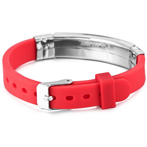 MeMeDIY El Tono De Plata Rojo Acero Inoxidable Plástico Caucho Pulsera Brazalete Brazalete Ajustable - Grabado Personalizado