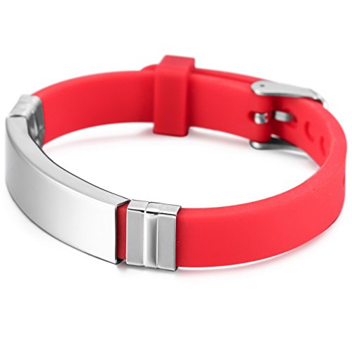 MeMeDIY El Tono De Plata Rojo Acero Inoxidable Plástico Caucho Pulsera Brazalete Brazalete Ajustable - Grabado Personalizado