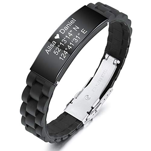MeMeDIY Pulsera con Nombre Personalizado Grabado Personalizado para Hombres Mujeres NiñOs NiñAs Caucho Silicona Etiqueta de IdentificacióN de MuñEca Etiqueta de Acero Inoxidable (Negro Color) MeMeDIY Pulsera con Nombre Personalizado Grabado Personalizado para Hombres Mujeres NiñOs NiñAs Caucho Silicona Etiqueta de IdentificacióN de MuñEca Etiqueta de Acero Inoxidable (Negro Color)