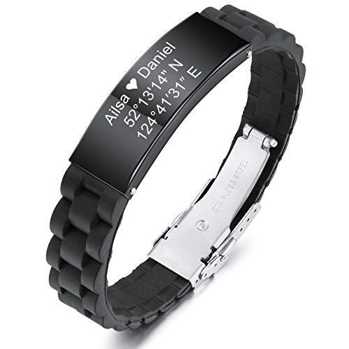 MeMeDIY Pulsera con Nombre Personalizado Grabado Personalizado para Hombres Mujeres NiñOs NiñAs Caucho Silicona Etiqueta de IdentificacióN de MuñEca Etiqueta de Acero Inoxidable (Negro Color)