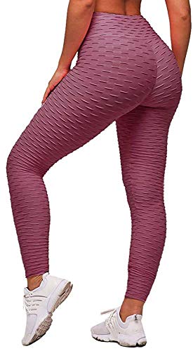 Memoryee Panal arrugado para nalgas de las mujeres leggings Levante los pantalones de yoga de cintura alta Elegante con gimnasio de control de la barriga (Pasta de frijol, S)