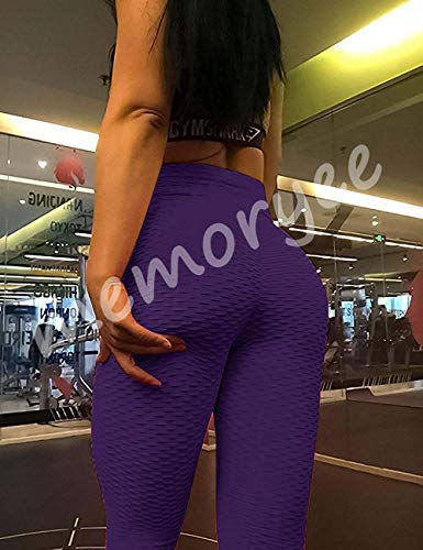 Memoryee Panal arrugado para nalgas de las mujeres leggings Levante los pantalones de yoga de cintura alta Elegante con gimnasio de control de la barriga/Purple/S