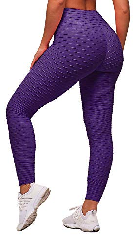 Memoryee Panal arrugado para nalgas de las mujeres leggings Levante los pantalones de yoga de cintura alta Elegante con gimnasio de control de la barriga/Purple/S
