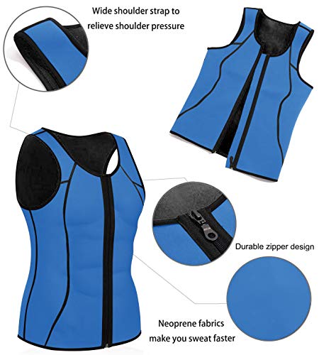 Memoryee Sauna para Hombre Sudor con Cremallera Chaleco para Perder Peso Neopreno Caliente Entrenador en la Cintura Camisa para Adelgazar (Azul(Seda de araña), M)