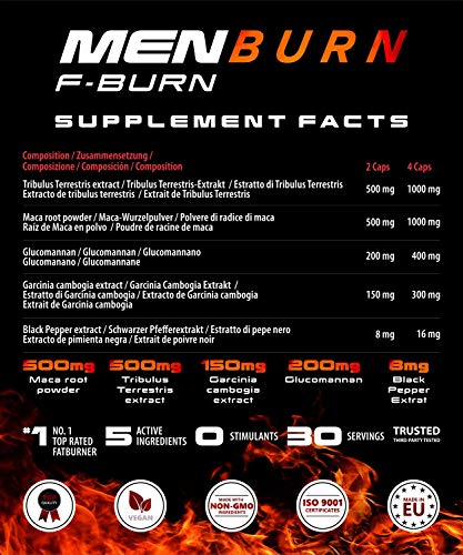 Men Burn F-Burn | Quemador de Grasa 100% Natural | Pérdida de Peso Sin Estimulantes | Poder y Resistencia de Hombres |Pastillas de Dosis Fuerte Para Keto Dieta| 60 Cápsulas Veganas|Fabricado en la UE