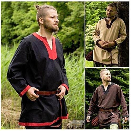 Men Long Linen Túnica Medieval Camisa con Cuello en v Camisa Pirata de Manga Larga Traje de Talla Grande