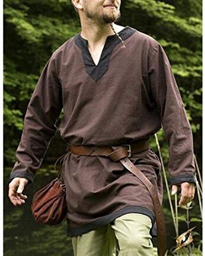 Men Long Linen Túnica Medieval Camisa con Cuello en v Camisa Pirata de Manga Larga Traje de Talla Grande