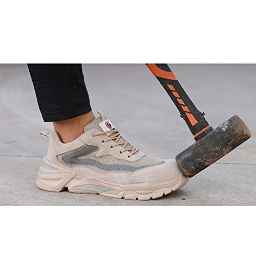 Meng Zapatillas de Seguridad Hombre,Trabajo con Puntera de Acero Transpirable Reflectante Botas de Seguridad (Color : Beige, Size : 43)