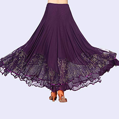 Mengmiao Mujer Falda Flare Danza Latín Zumba Lentejuelas Cintura Elástica Flounced Dancewear Morado One Size