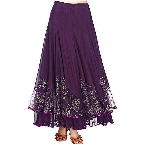 Mengmiao Mujer Falda Flare Danza Latín Zumba Lentejuelas Cintura Elástica Flounced Dancewear Morado One Size