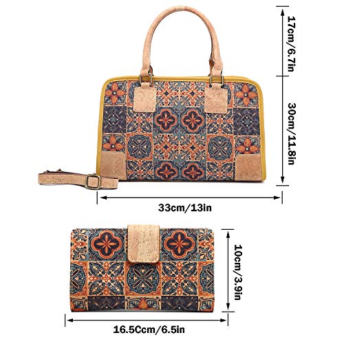 MENKAI-Bolso de Natural Corcho con Bandolera y Diseño Estampado Tote Bag/Cork Wallet, 2pc