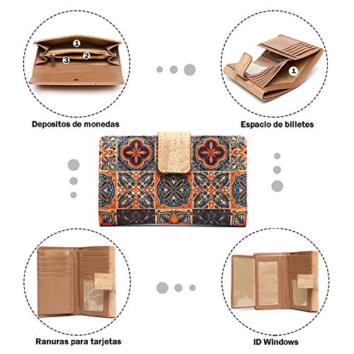 MENKAI-Bolso de Natural Corcho con Bandolera y Diseño Estampado Tote Bag/Cork Wallet, 2pc