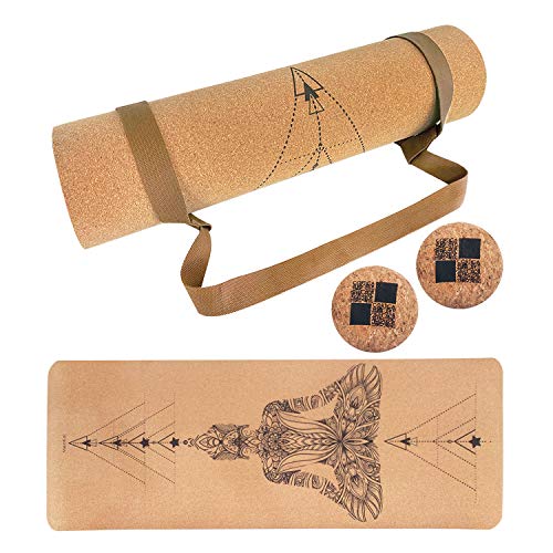 MENKAI - Esterilla de Yoga-Incluye Correa de Transporte y 2PC Bola para Masajes-100% Ecológicos Corcho - Esterilla de Deporte Antideslizante - Yoga Mat de 183x65cm