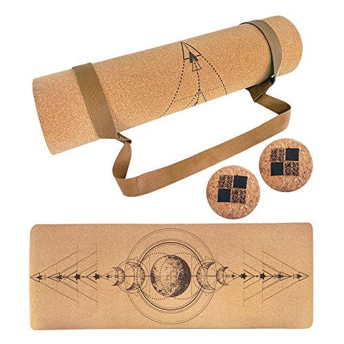 MENKAI - Esterilla de Yoga-Incluye Correa de Transporte y 2PC Bola para Masajes-100% Ecológicos Corcho - Esterilla de Deporte Antideslizante - Yoga Mat de 183x65cm