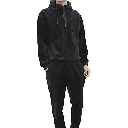 Men's Velour Hoodies Tracksuit Velvet Jogger Pants for Autumn Winter Sweatshirt Sport Sets Running Workout Gym Long Sleeve Tops Casual Pullover Jumper Outfit (Black, L)