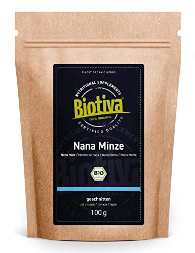 Menta nana orgánica 100 g - menta árabe cortada - menta marroquí - hierbabuena - sin agentes de relleno - llenada y verificada en Alemania (DE-ÖKO-005)