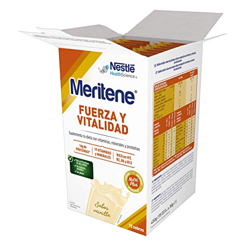 Meritene® FUERZA Y VITALIDAD - Suplementa tu nutrición y mantén tu sistema inmune con vitaminas, minerales y proteínas- Batido de Vainilla - Estuche (15 sobres de 30g)