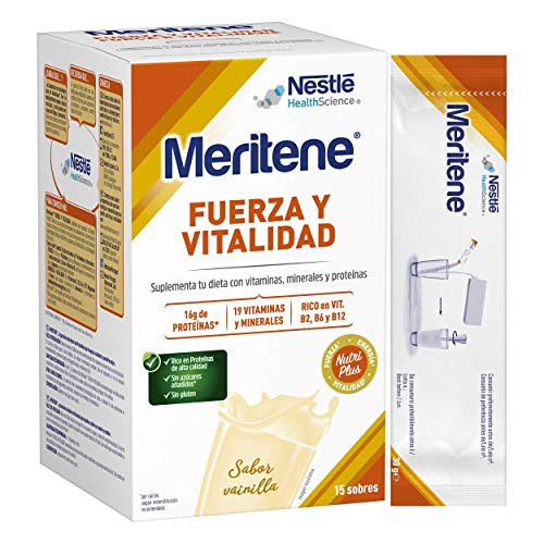 Meritene® FUERZA Y VITALIDAD - Suplementa tu nutrición y mantén tu sistema inmune con vitaminas, minerales y proteínas- Batido de Vainilla - Estuche (15 sobres de 30g)