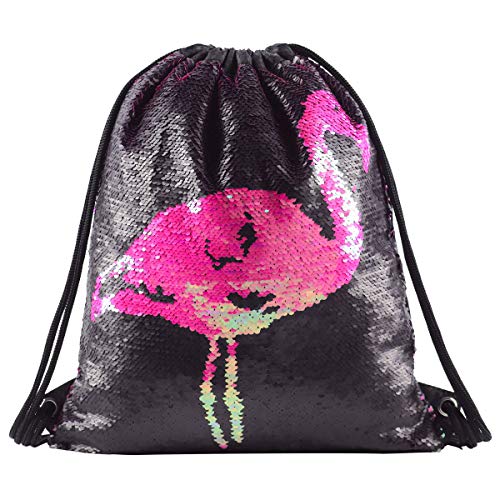 Mermaid - Mochila de lentejuelas con cordón brillante para el hombro al aire libre, mágica, reversible, bolsa de danza, bolso de moda brillante, mochila deportiva, flamenco