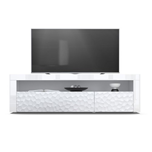 Mesa Baja para TV Valencia, Cuerpo en Blanco Mate/Frentes en Blanco de Alto Brillo con Estructura 3D Calipso y Marcos en Blanco de Alto Brillo