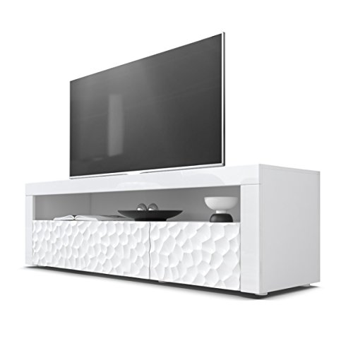 Mesa Baja para TV Valencia, Cuerpo en Blanco Mate/Frentes en Blanco de Alto Brillo con Estructura 3D Calipso y Marcos en Blanco de Alto Brillo