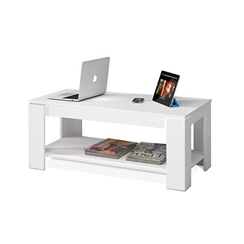 Mesa Centro con revistero, Mesa elevable, mesita Mueble Salon Comedor Acabado en Blanco Artik, Medidas: 102 cm (Largo) x 43/54 cm (Alto) x 50 cm (Fondo)