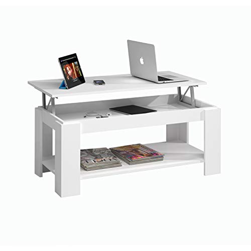 Mesa Centro con revistero, Mesa elevable, mesita Mueble Salon Comedor Acabado en Blanco Artik, Medidas: 102 cm (Largo) x 43/54 cm (Alto) x 50 cm (Fondo) Mesa Centro con revistero, Mesa elevable, mesita Mueble Salon Comedor Acabado en Blanco Artik, Medidas: 102 cm (Largo) x 43/54 cm (Alto) x 50 cm (Fondo)