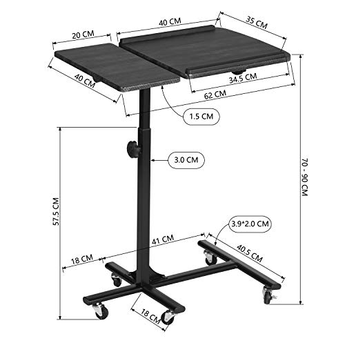 Mesa de Cama para Ordenador portátil, Altura Ajustable, 5 Ruedas, bloqueables, Soporte Plegable, Madera, Escritorio, PC, Negro, Metal, 60 x 40 x 90 cm