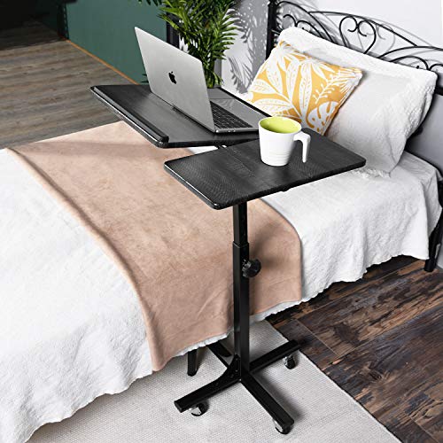 Mesa de Cama para Ordenador portátil, Altura Ajustable, 5 Ruedas, bloqueables, Soporte Plegable, Madera, Escritorio, PC, Negro, Metal, 60 x 40 x 90 cm