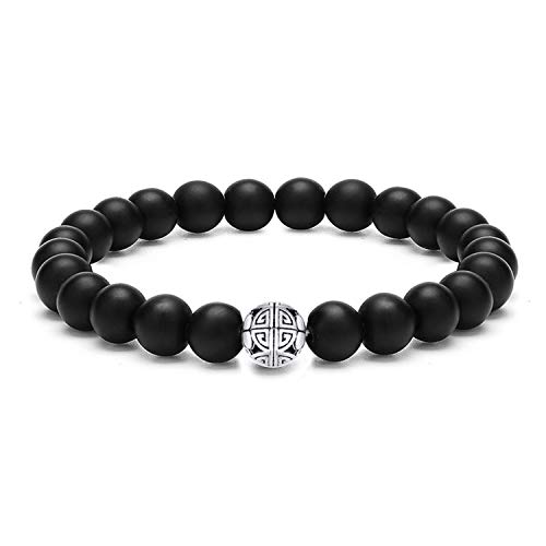 MetJakt 8mm Piedra Natural Matte ágata/Howlite Brazalete elástico difusor Yoga Granos de la ágata Pulsera Brazalete de Plata de Ley 925 Colgante de Doble Felicidad (Mate ágata)