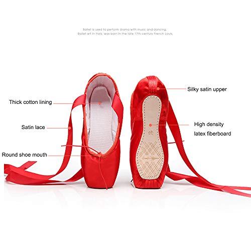Mettime Zapatillas de Ballet de Punta Zapatos Satén/Lienzo con Puntera de Gel de Silicona/Esponja y Cintas para Niñas (por Favor Seleccione una Talla más Grande)