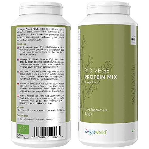 Mezcla de Proteína Vegana Orgánica 500 g - Polvo de Proteína de Cáñamo, Guisante y Arroz, Potencia y Tonifica Músculos, Con 20 Aminoácidos Esenciales Para Desarrollo Muscular, Sin Grasa