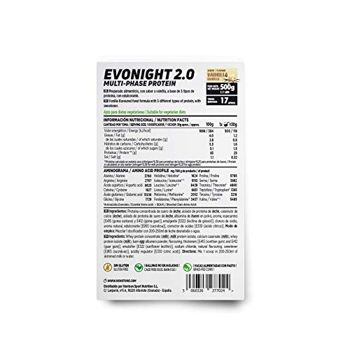 Mezcla de Proteínas Evonight 2.0 de HSN | Proteína para Antes de Dormir | Con Whey Protein + Proteína de Leche + Caseinato de Calcio + Whey Protein Isolate + Albúmina de Huevo | Sabor Vainilla, 500g