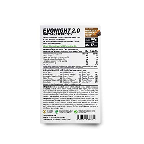 Mezcla de Proteínas Evonight 2.0 de HSN | Proteína para Antes de Dormir | Con Whey Protein + Proteína de Leche + Caseinato de Calcio + Whey Protein Isolate + Albúmina de Huevo | Choco-Caramelo, 500g