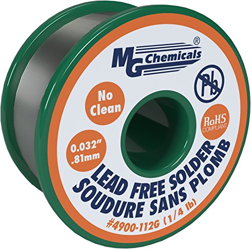 MG Chemicals Sn99, 99,3% estaño, 0,7% cobre, 3% plata, no limpio sin plomo soldadura, 0,032 "Diámetro, bobina de 1/4 Lb