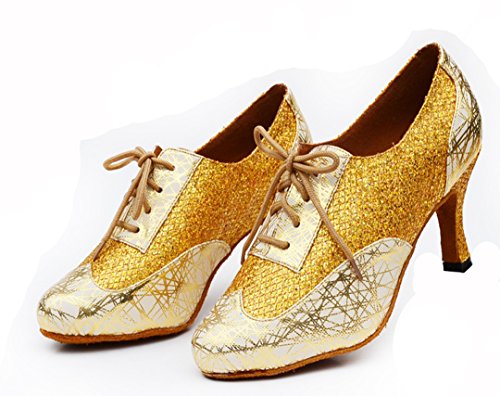 MGM-Joymod Mujer Clásico Encaje Impresión Brillo Sintético Tango Salón de Baile Latino Moderno Zapatos de Baile Noche Boda Zapatos de Tacón Bajo, color Dorado, talla 35.5 EU