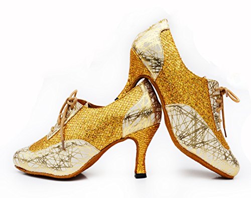 MGM-Joymod Mujer Clásico Encaje Impresión Brillo Sintético Tango Salón de Baile Latino Moderno Zapatos de Baile Noche Boda Zapatos de Tacón Bajo, color Dorado, talla 35.5 EU