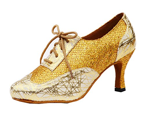 MGM-Joymod Mujer Clásico Encaje Impresión Brillo Sintético Tango Salón de Baile Latino Moderno Zapatos de Baile Noche Boda Zapatos de Tacón Bajo, color Dorado, talla 35.5 EU