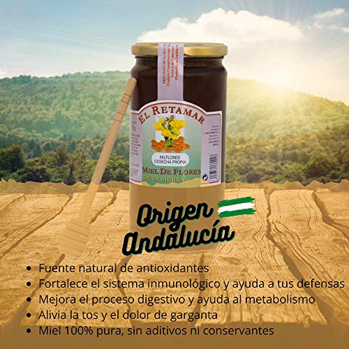 Miel de Abeja 100% Natural Hecha en España + Dispensador de Madera de Regalo. Tarro de 1kg de Miel de Mil Flores. Producción Artesanal sin Aditivos. Comercio de Cercanía