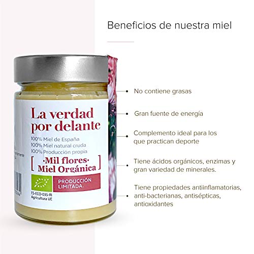 Miel de abeja ecologica pura Milflores | Miel de España 100% Natural, Organica, Fresca y Cruda con certificado Ecológico 450 Gr / Miel cruda, extracción en frío. Producción ecológica 100%