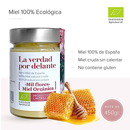 Miel de abeja ecologica pura Milflores | Miel de España 100% Natural, Organica, Fresca y Cruda con certificado Ecológico 450 Gr / Miel cruda, extracción en frío. Producción ecológica 100%