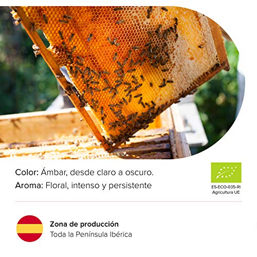 Miel de abeja ecologica pura Milflores | Miel de España 100% Natural, Organica, Fresca y Cruda con certificado Ecológico 450 Gr / Miel cruda, extracción en frío. Producción ecológica 100%