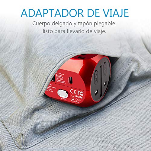 milool Adaptador Enchufe de Viaje Universal Adaptador con Tres Puertos USB y Tipo-C(3A) para EU AU US UK Más de 150 Países y Seguridad para Tableta PC,Smartphones,Cámaras,Reproductores de MP3 (Rojo)