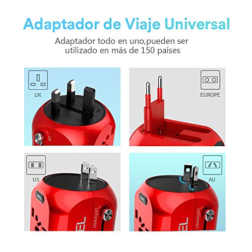 milool Adaptador Enchufe de Viaje Universal Adaptador con Tres Puertos USB y Tipo-C(3A) para EU AU US UK Más de 150 Países y Seguridad para Tableta PC,Smartphones,Cámaras,Reproductores de MP3 (Rojo)