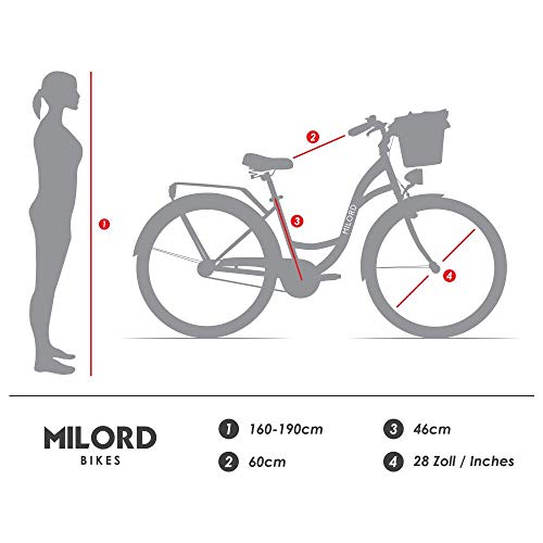 Milord Bikes Bicicleta de Confort Crema Blanca de 1 Velocidad y 28 Pulgadas con Cesta y Soporte Trasero, Bicicleta Holandesa, Bicicleta para Mujer, Bicicleta Urbana, Retro, Vintage